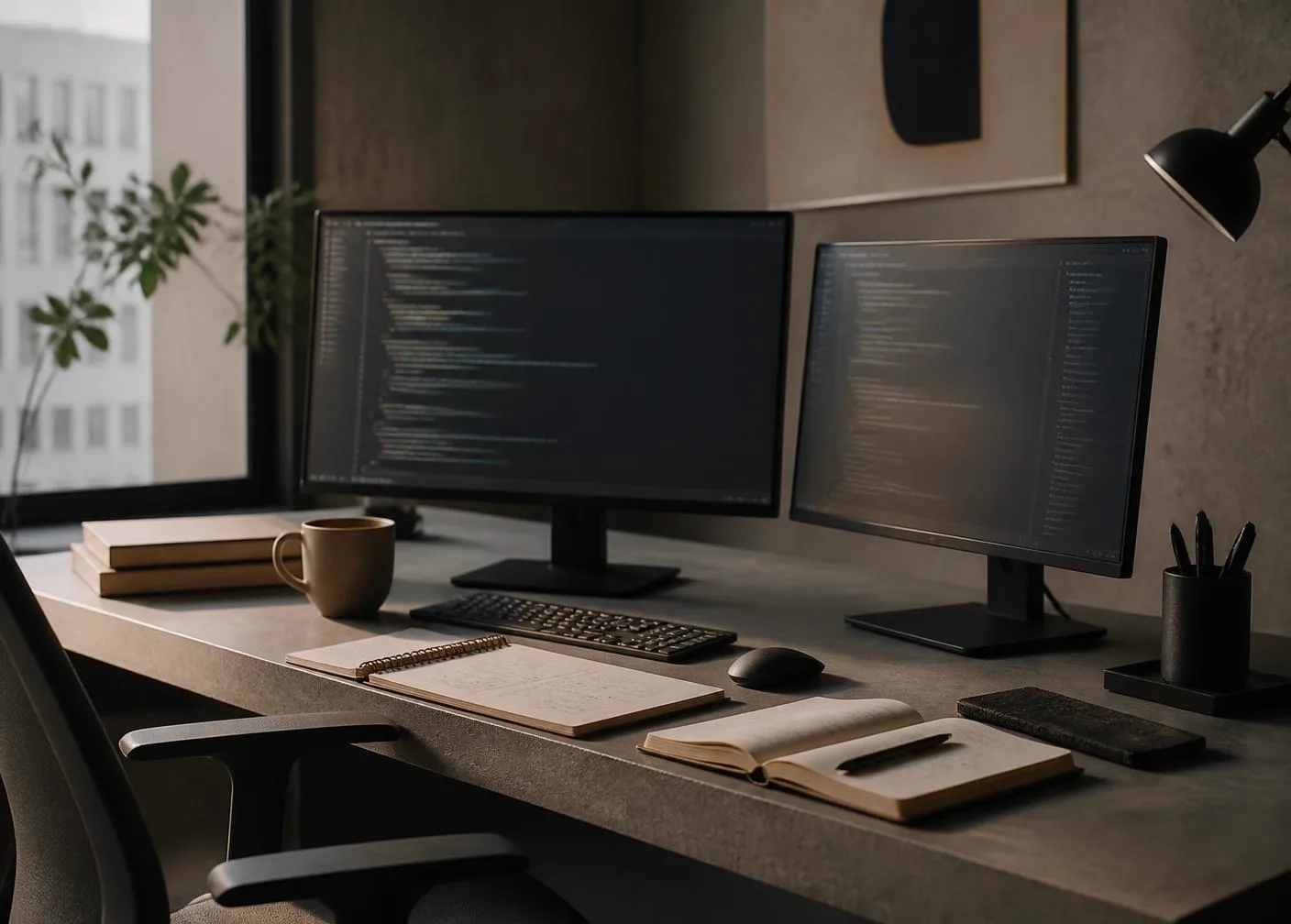 Quiet engineering workspace with two monitors showing code, notebooks and morning light